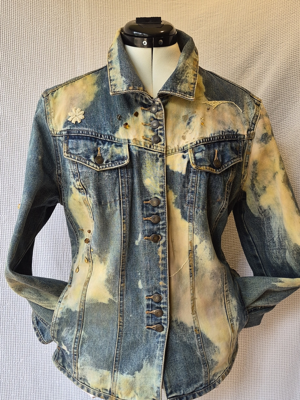 Upcycled Y2K  Blue and Cream Embellished Denim Jacket